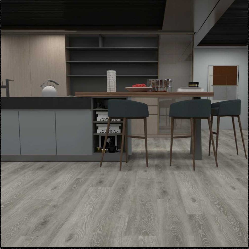 Gray wood-look laminate flooring shown in a modern kitchen setting with a kitchen island, bar stools, and cabinetry.