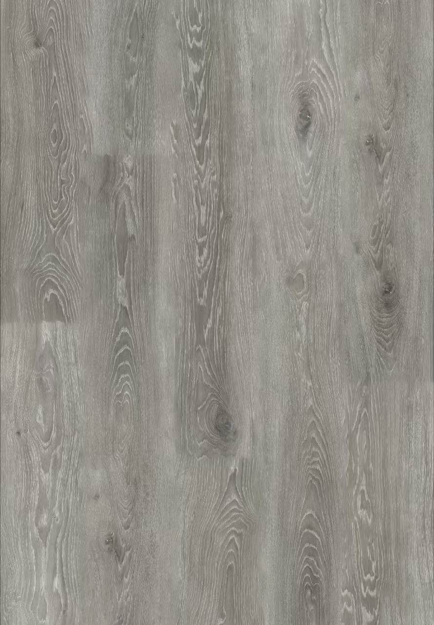 Gray wood-look flooring planks with realistic grain patterns and natural knots.