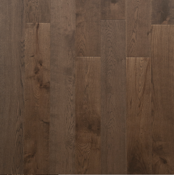 Close-up of dark brown wooden flooring with visible grain and texture.