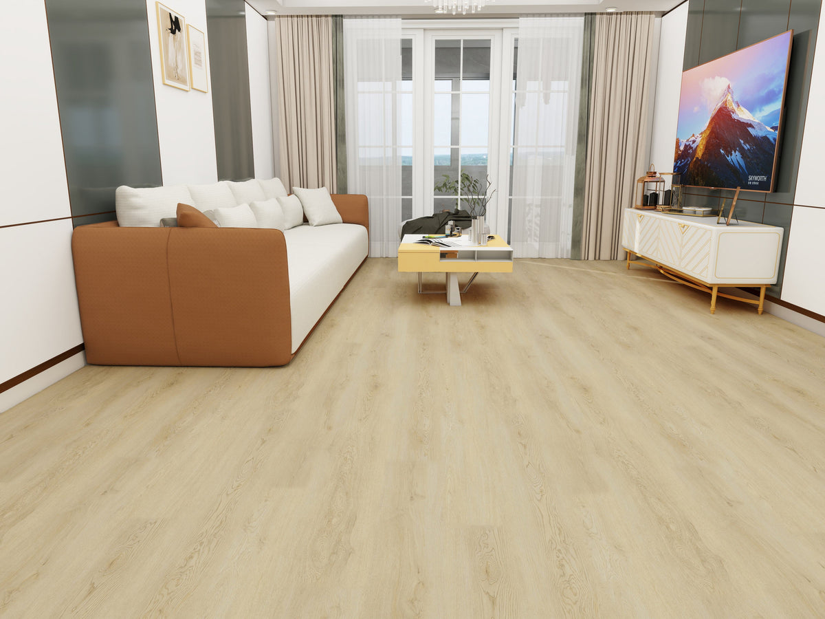 A modern living room with light beige wood-look flooring, featuring a white sofa with brown cushions, a small yellow coffee table, and a large wall-mounted TV.