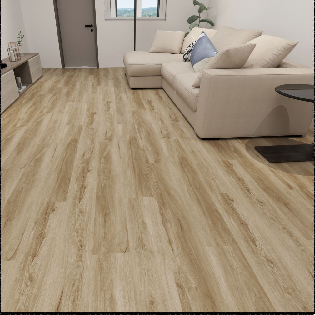 Light beige wood-look vinyl plank flooring shown installed in a modern living room setting with a cream sectional sofa, white walls, and a window.